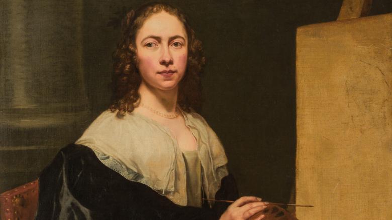 A self-portrait painting of artist Michaelina Wautier sitting beside an easel and holding a palette and a bundle of paintbrushes. 