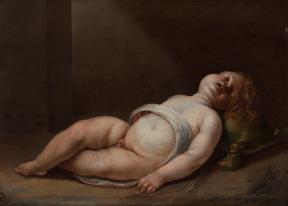 A painting of Christ as a child sleeping with just a thin white cloth wrapped around his waist. 
