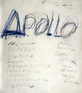 The word "Apollo" written in blue on a paper with a list of various other words in crude handwriting.