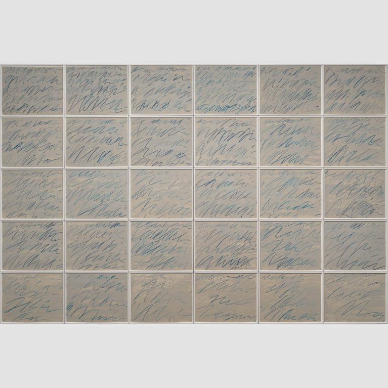 A drawing of thirty distinct rectangles filled with blue scribbles. 