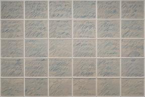 A drawing of thirty distinct rectangles filled with blue scribbles. 