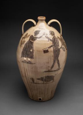 A beige stoneware watercooler jug with two handles, a small opening, and decorated with the figures of two people and a pig. 