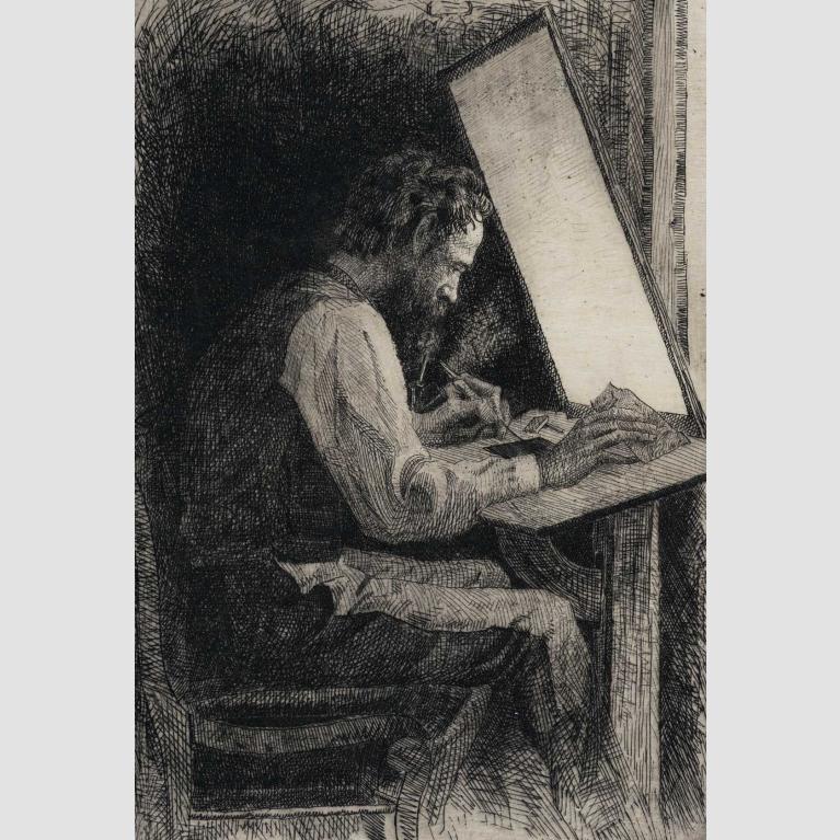 An etching of a man, Peter Moran, working on an etching at his desk next to a fire. 