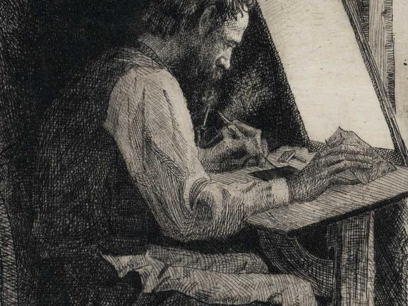 An etching of a man, Peter Moran, working on an etching at his desk next to a fire. 