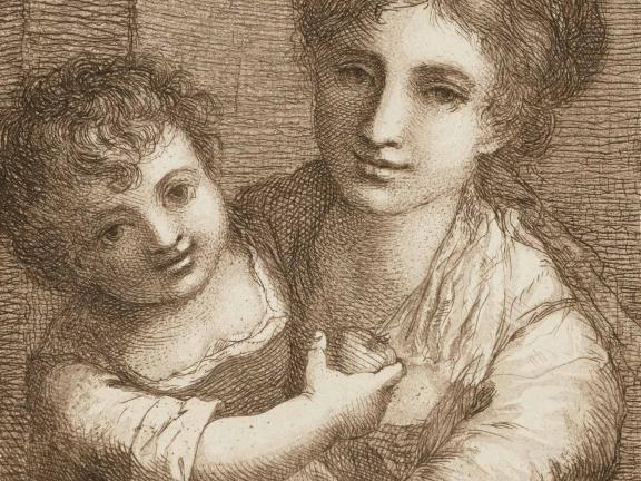An etched drawing of a mother holding her young child.