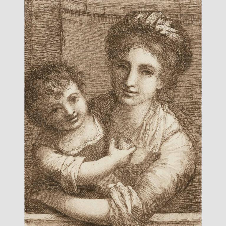 An etched drawing of a mother holding her young child.