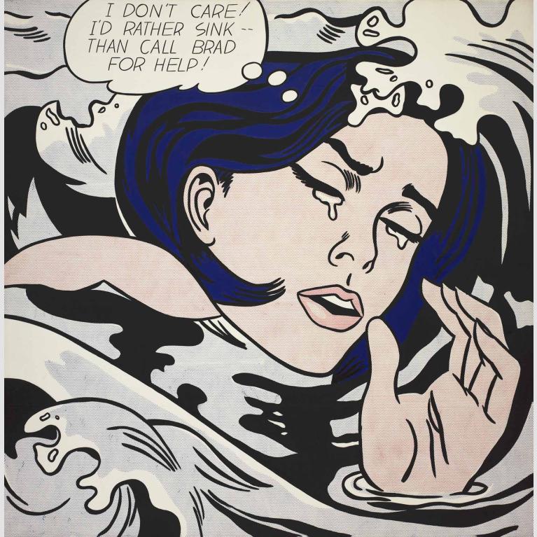 A close up print of a crying young woman in a body of water with the speech bubble "I don't care! I'd rather sink than call Brad for help!"