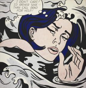 A close up print of a crying young woman in a body of water with the speech bubble "I don't care! I'd rather sink than call Brad for help!"