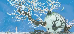 A print of a blossoming tree that grows through the eyes and mouth of a large skull. 