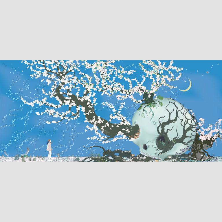 A print of a blossoming tree that grows through the eyes and mouth of a large skull. 