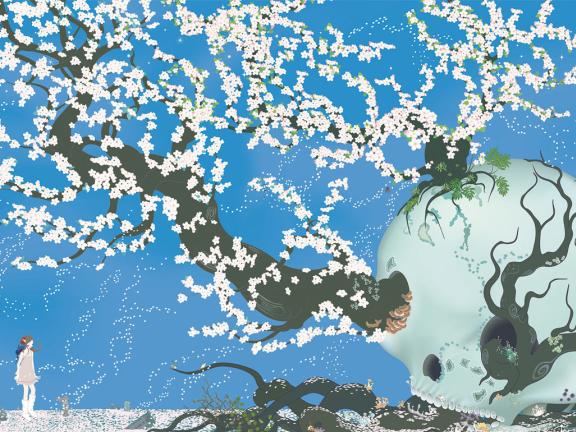 A print of a blossoming tree that grows through the eyes and mouth of a large skull. 