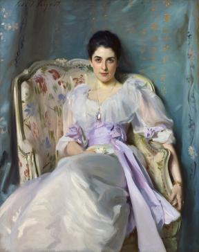 A painting of a woman, Lady Agnew, wearing a purple ruffled dress and ornate necklace sitting in a floral chair against a blue background.