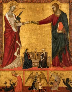 A gold-and-red painting of Saint Catherine marrying Christ with smaller angels fighting away demons at the bottom of the work.