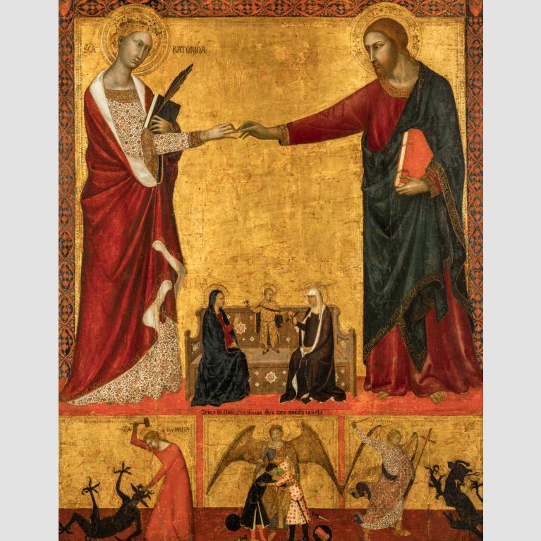 A gold-and-red painting of Saint Catherine marrying Christ with smaller angels fighting away demons at the bottom of the work.