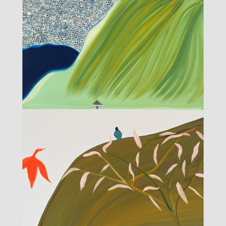 a small, dark figure sits on a hillside and stares off in the distance at a house in front of a large green mountain that scales upward and out of frame.