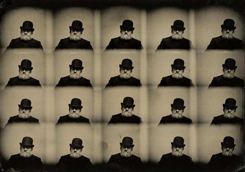 A repeated composite photo of a man in a black coat and black top hat. 