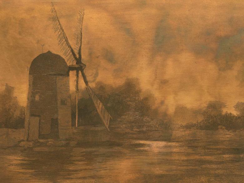 An orange etching of a windmill in front of a body of water.