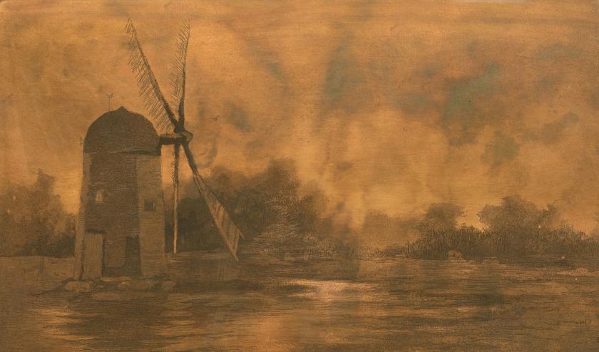 An orange etching of a windmill in front of a body of water.