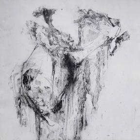 A black abstract etching against a gray background.