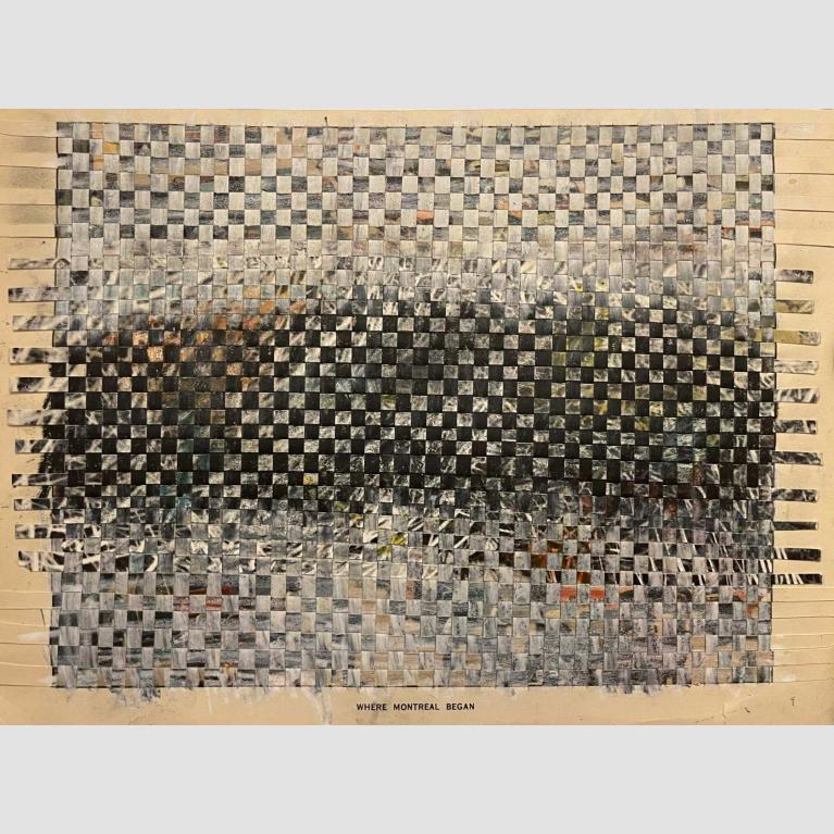 Paper painted and woven to make a grid with a dark center. 