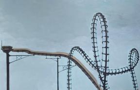 A painting of a swirling rollercoaster against a pale blue sky.