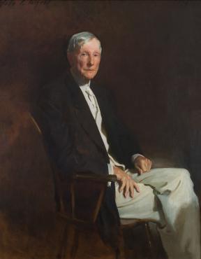 A seated portrait of John D. Rockefeller. 