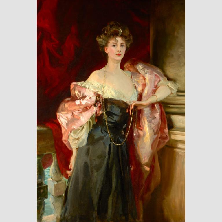 A portrait of Lady Helen Vincent leaning against a wall in a voluminous gown. 
