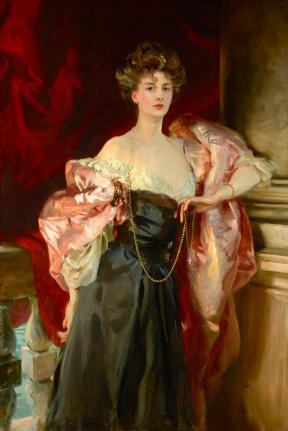 A portrait of Lady Helen Vincent leaning against a wall in a voluminous gown. 