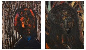 A diptych of two portraits with obstructed faces. 