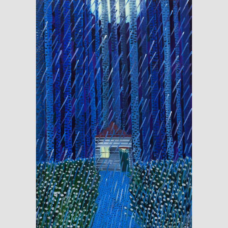 A small house at the end of a path in the woods sits under the falling rain and the glow of the moon.