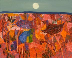 A bright orange forest under the glow of a full moon. 