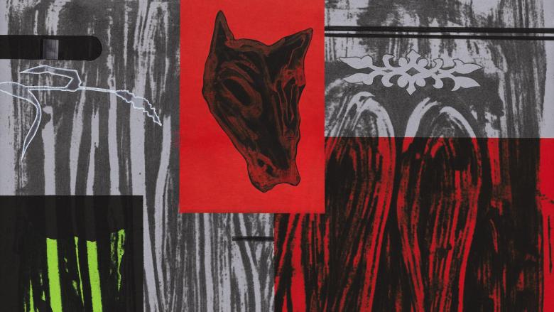 A gray, black, red, and green screenprint with repeated patterns of a wolf's head and plants. 