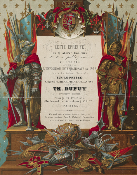 An ornate lithograph depicting knights in armor standing before luxurious red drapery and atop a pile of armor.