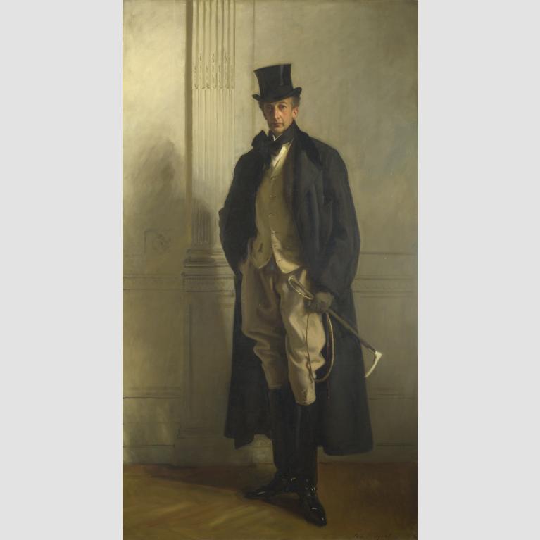 A portrait of a man, Lord Ribblesdale, standing in a suit, overcoat, boots, top hat, and holding a cane in his left hand. 