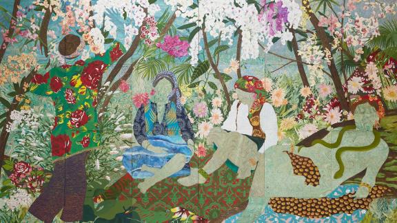 The figures of four women depicted by blue and green marbled paint stand, sit, and lounge in a colorful jungle atmosphere.