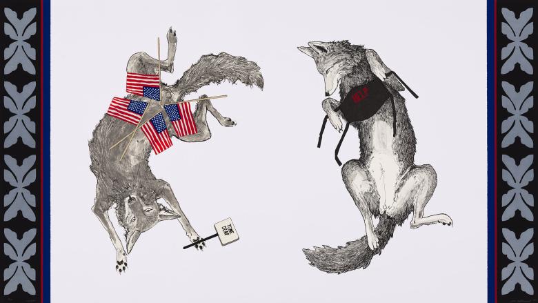 A screenprint of two floating wolves; one is adorned with four American flags and holds a sign that says "Tone Deaf," the other holds a face mask that says "Help."