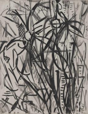 A black-and-white geometrically abstract painting of a eucalyptus tree.