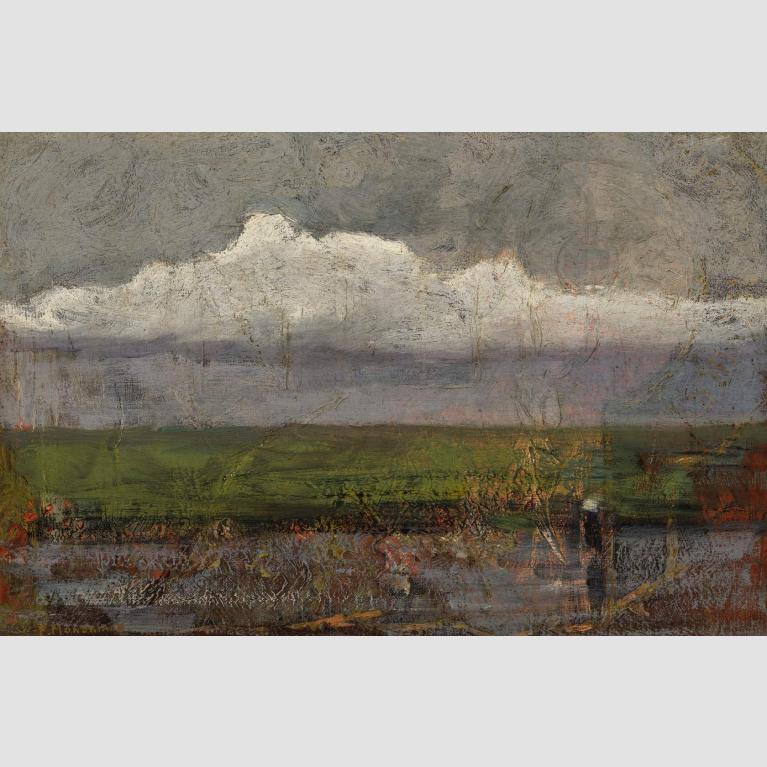 A single cloud hangs low over an empty field.