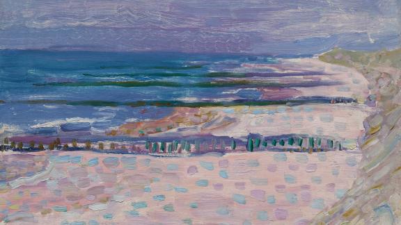 An impressionist painting of an empty beach with five piers below a purple sky. 