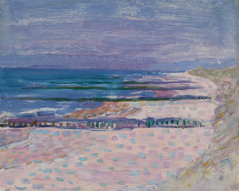 An impressionist painting of an empty beach with five piers below a purple sky. 