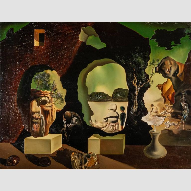 A green sky, negative space, and figures such as people, faces, trees, and a brick wall create three faces of different ages. 