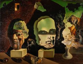 A green sky, negative space, and figures such as people, faces, trees, and a brick wall create three faces of different ages. 