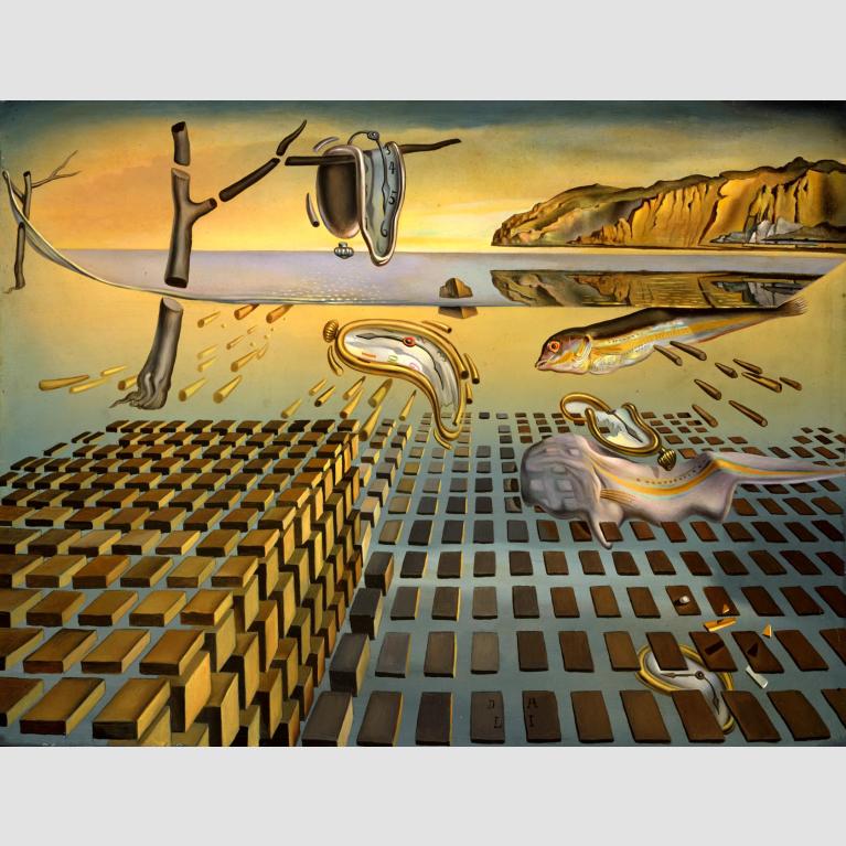 A surrealist painting of floating fish, melted clocks, broken tree branches, bullet-like objects, and a mountain range.