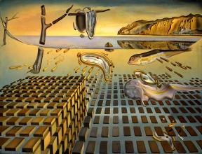 A surrealist painting of floating fish, melted clocks, broken tree branches, bullet-like objects, and a mountain range.
