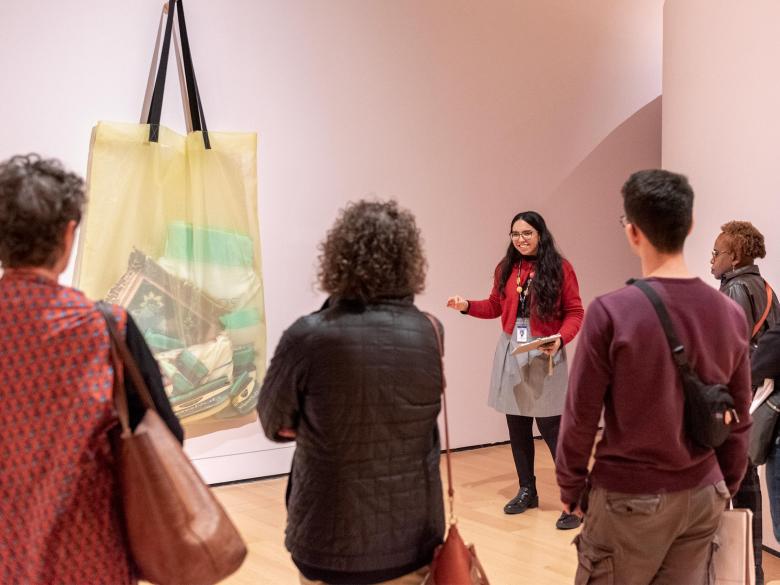 An MFA staff member gives a tour to a group of educators in the Tender Loving Care exhibition. 