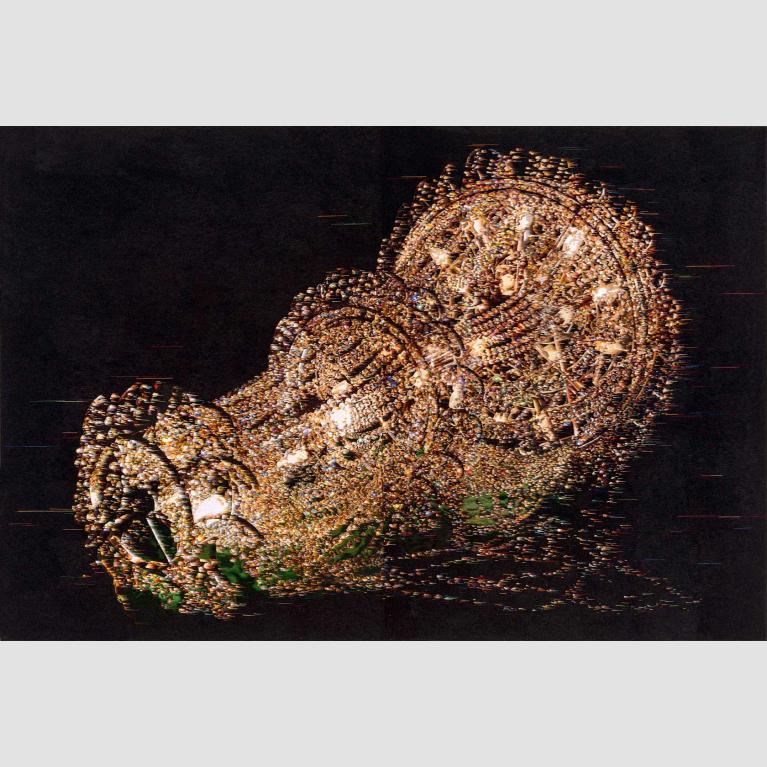 Embroidered gold and yellow beads on a black background depict a chandelier. 