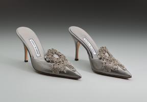 Silver leather embellished heels. 