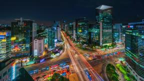 A bird's eye view panorama photo of Gangnam City at night. 