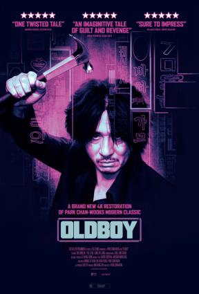 A poster for the 2003 film "Oldboy" with the lead character holding a hammer over his head. 