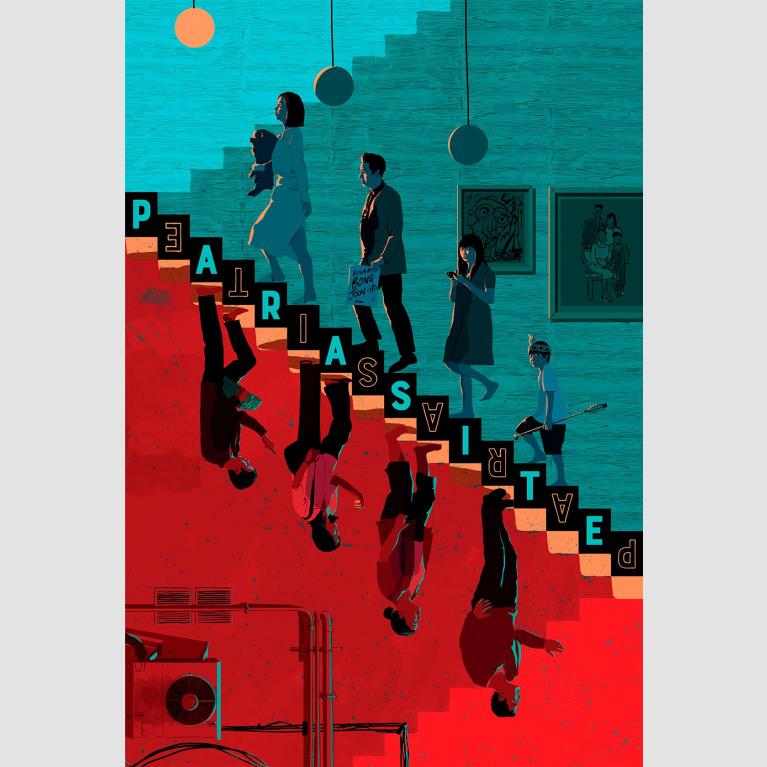 A red and blue promotional poster for the 2019 film "Parasite."